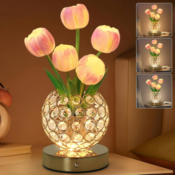 Tulip Flower Lamps, 3 Colors Touch Stepless Dimming Crystal Night Light, Rechargeable Artificial Flower Light, LED Flower with Vase Lamp Romantic Decor for Date Party Home (Tulip1 - Pink)
