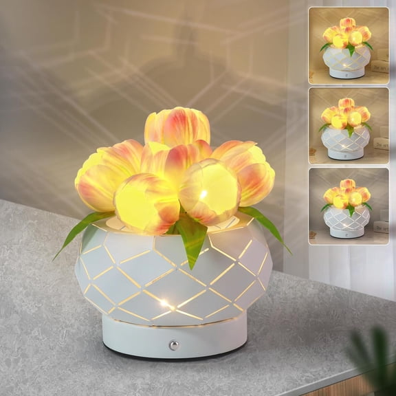 Tulip Flower Lamps, 9-Head LED Flower Lamp with Vase, 3 Colors Dimmable Touch Lamp, USB Rechargeable Romantic Night Light, Gifts for Mother Wife Girls