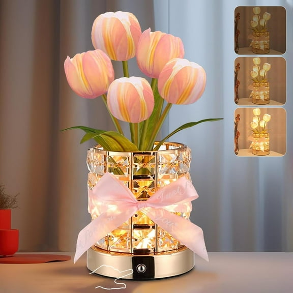 Tulip Flower Lamps, Rechargeable Cordless Small Desk Lamp, 3 Colors Dimmable Artificial Flowers Night Light, Fake Bouquet 5 Tulip with Crystal Vase for Home Date Party Decoration
