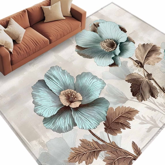 Tulip Flower Large Area Rugs for Bedroom Living Room, Soft Non Slip Carpet Bedside Rug, Teal Brown Vintage Floral Plant Botanical Rectangle Floor Cover Kitchen Accent Rug 8'x10' for Office