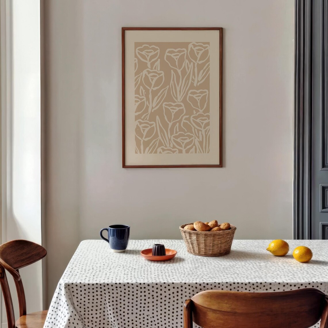 Tulip Flower Line Art Beige Neutral Botanical Wall Poster Modern ...