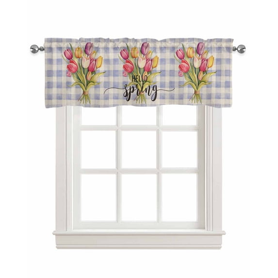 Tulip Flower Linen Curtain Valance for Bedroom/Bathroom/Kitchen/Office/Living/Dining Room Windows,Spring Botanical Purple Buffalo Plaid Rod Pocket Topper Drapes Decorative Cafe Drapery Panel 42x12