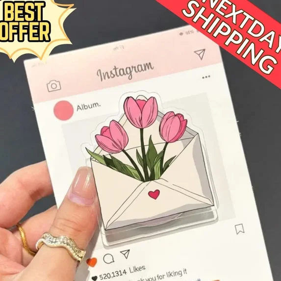 Tulip Flower Magnetic Phone Grip – Cute Envelope Design with Pink Tulips, Floral Magsafe Phone Holder, Aesthetic Phone Accessory