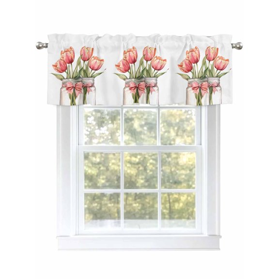 Tulip Flower Pink Red Curtain Valances for Windows, Spring Botanical Floral Leaf Bow Vase Kitchen Valance Window Treatment, Light Filtering Block Curtains for Bathroom/Bedroom/Living Room 42'' x 12''