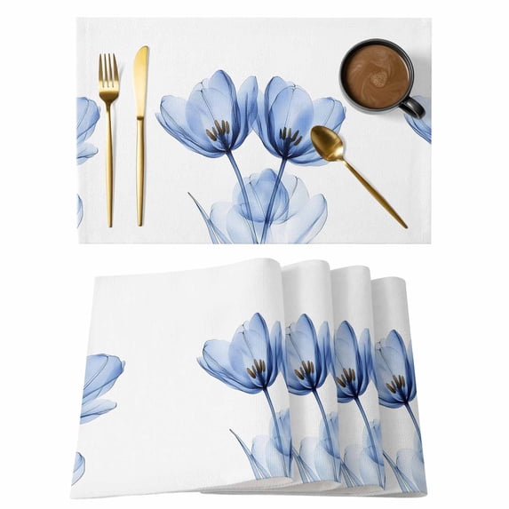 Tulip Flower Placemats Set of 2, Abstract Blue Transparent Floral Non-Slip Place Mats Washable Table Mats for Kitchen Dining Table Decorations Indoor/Outdoor