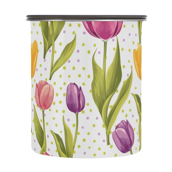 Tulip Flower Polka Dots Airtight Coffee Bean Canister 30oz Food Storage Containers with Lids For Gournd, Tea, Sugar, Flour, Rice, Cereal, Candy Cookie Jar