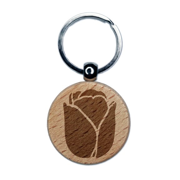 Tulip Flower Round Keychain Charm Tag - Engraved Wood