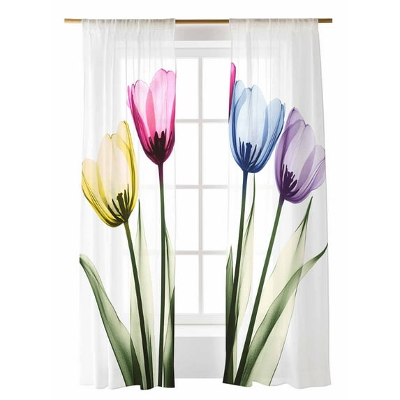 Tulip Flower Sheer Curtains 2 Panels Set Color Floral Transparent Vintage Lihgt Filtering Rod Pocket Voile Drape, Semi Sheer Window Curtains for Bedroom Living Room, 52"x84"