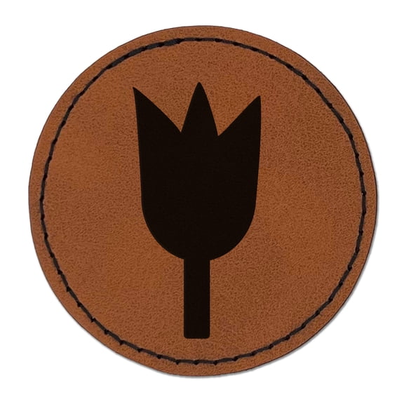 Tulip Flower Solid 2.5" Faux Leather Round Engraved Iron-On Patch - Brown