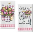 thumbnail image 1 of Tulip Flower Spring Summer Kitchen Dish Towels Set of 2, Life is A Beautiful Ride Bike Mason Jar Hand Towels Drying Baking Cooking Cloth, Pink Plaid Farmhouse Home Kitchen Decor 18x26 Inch, 1 of 6