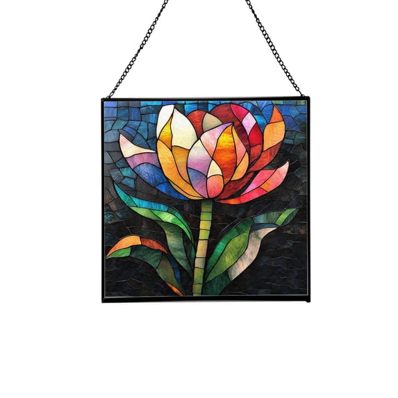Tulip Flower Stained Glass Panel Suncatcher Square Window Hanging, 8 Inch Real Glass Decorative Art Sun Catcher for Home, Gift, and Garden Decor 78OR3