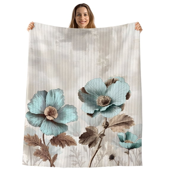 Tulip Flower Throw Blanket, Flannel Fleece Blanket with Striped Design for Couch, Teal Brown Vintage Floral Plant Botanical Soft Breathable All Season Plush Blankets for Sofa Office Chair 30"x40"