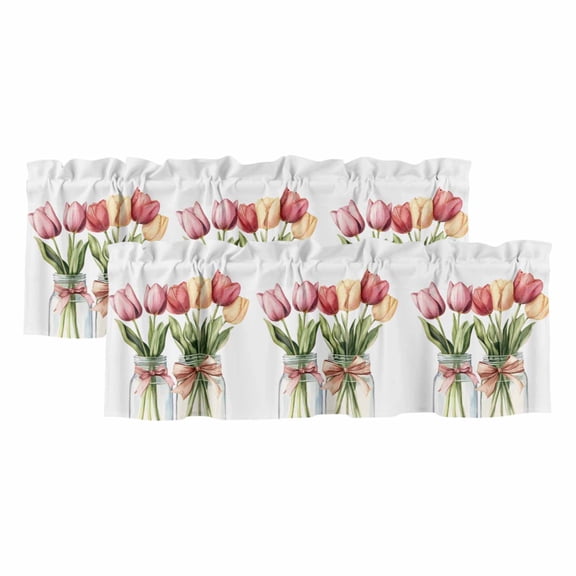 Tulip Flower Valances for Windows, Decorative Rod Pocket Window Valance Curtains, Spring Botanical Floral Leaf Bow Vase Short Curtain Drapes for Kitchen/Bathroom/Living Room, 2 Panels, 42" W x 12" L