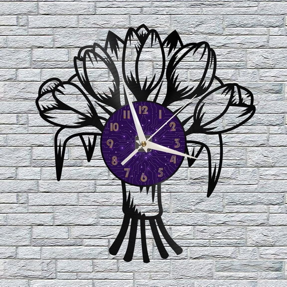 Tulip Flower Vinyl Wall Clock, Vinyl Record Clock Wall Art Silent & Non-ticking(12 inchs P)
