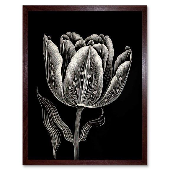 Tulip Flower White on Black Blind Contour Folk Art Art Print Framed Poster Wall Decor 12x16 inch