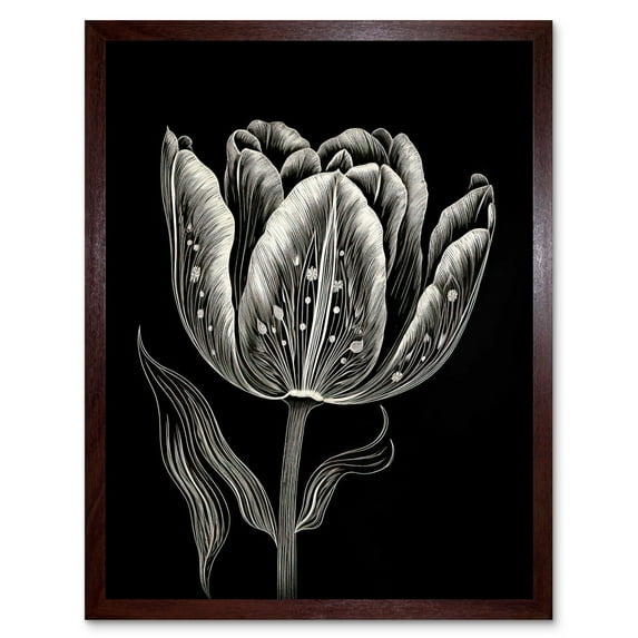 Tulip Flower White on Black Blind Contour Folk Art Art Print Framed Poster Wall Decor 12x16 inch
