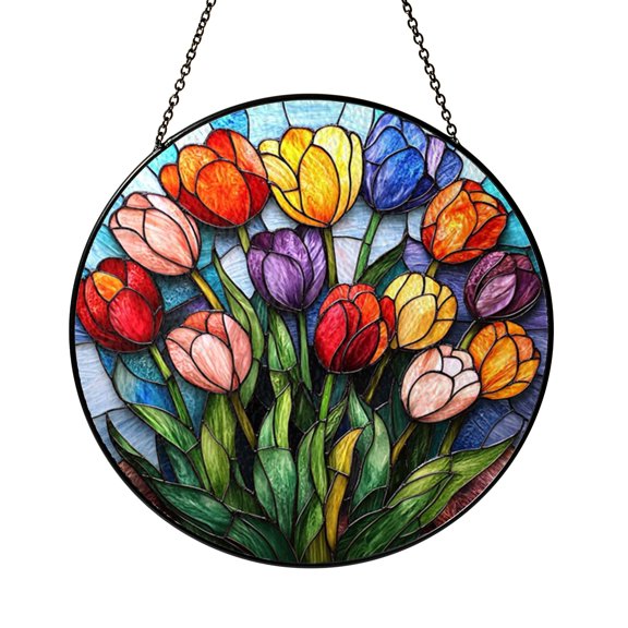 Tulip Flower Window Suncatcher with Stained Glass Look, Fresh Botanical Accent for Living Areas