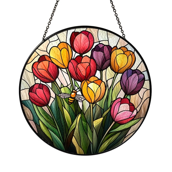 Tulip Flowers with Bee Stained Glass Round Suncatcher Window Decor Featuring Blooming Tulips and Flying Bee Decorative Glass Art for Home Interior Window Display