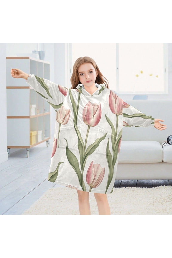 Tulip Flowers Floral Oversized Wearable Blanket Hoodie Sweatshirt Flannel for Unisex Girls Boys