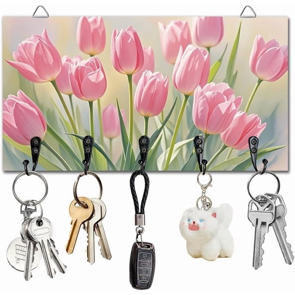 Tulip Flowers Key Holder Key Hooks Wall Mounted Wooden Key Racks with 5 Hooks Key Storage Organizer House Key Hanger for Wall Decor Door Entryway Hallway Kitchen New Home Gift