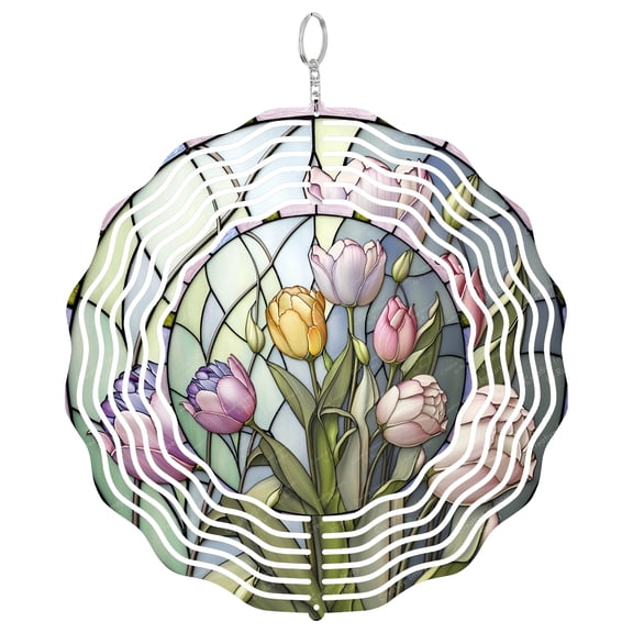 Tulip Flowers Stained Glass 3D Wind Spinner Kinetic Hanging Garden Decor Stainless Steel Yard
