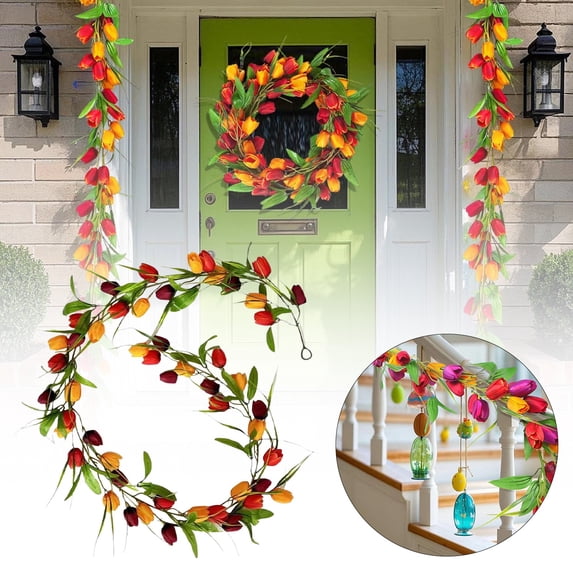 Tulip Garland Vine Verdsylv Artificial Tulip Garland Vine - Spring Flower Garland with Green Leaves for Wall Decoration, Festival Home & Wedding Backdrop, Festival Wall Decoration, Orange