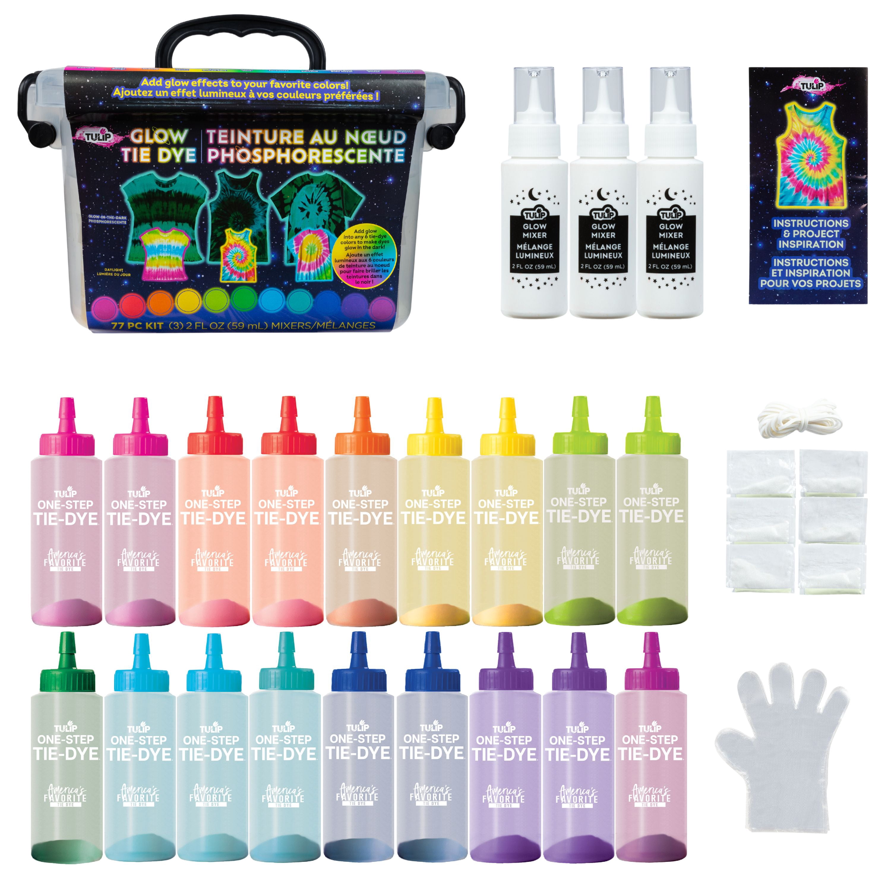 Tulip Glow Tie-Dye Tub, Design Your Looks, Add Glow Effects to Your Favorite Colors, Includes 18 Easy-Squeeze Dye Bottles and Glow Pigments/Mixers, All-in-One Party Activity Kit, 77 pieces