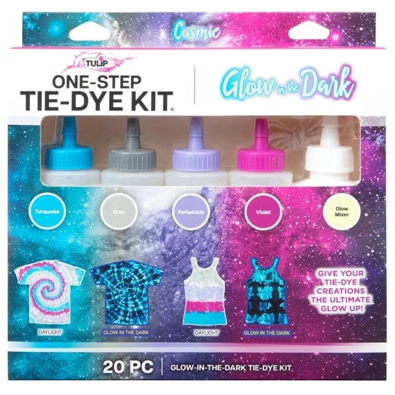 Tulip Glow-in-the-Dark Cosmic Tie-Dye Kit, 4-Color One-Step Fabric Dye Set with Glow Mixer, Gloves & Supplies