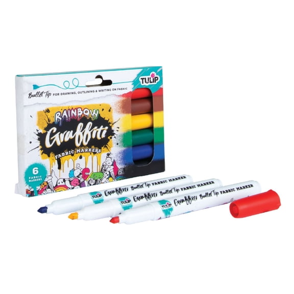 Tulip Graffiti Fabric Markers Bullet Tip 6pk, Rainbow, Permanent, for Fabric Painting, Drawing, Coloring, Writing on Clothes