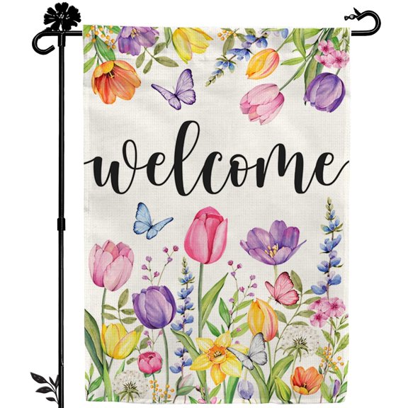 Tulip Hello Spring Garden Flag 12x18 Inch Double-Sided, Outdoor Floral Spring Decorations for Home, Porch & Yard, Small Burlap April Garden Flag for Outside, Welcome Flower Decor for Easter AMD PRINT