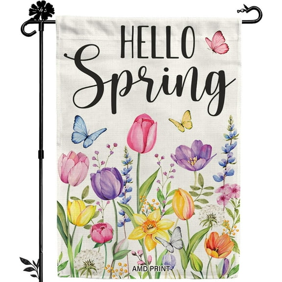 Tulip Hello Spring Garden Flag 12x18 Inch Double-Sided, Outdoor Floral Spring Decorations for Home, Porch & Yard, Small Burlap April Garden Flag for Outside, Welcome Flower Decor for Easter AMD PRINT