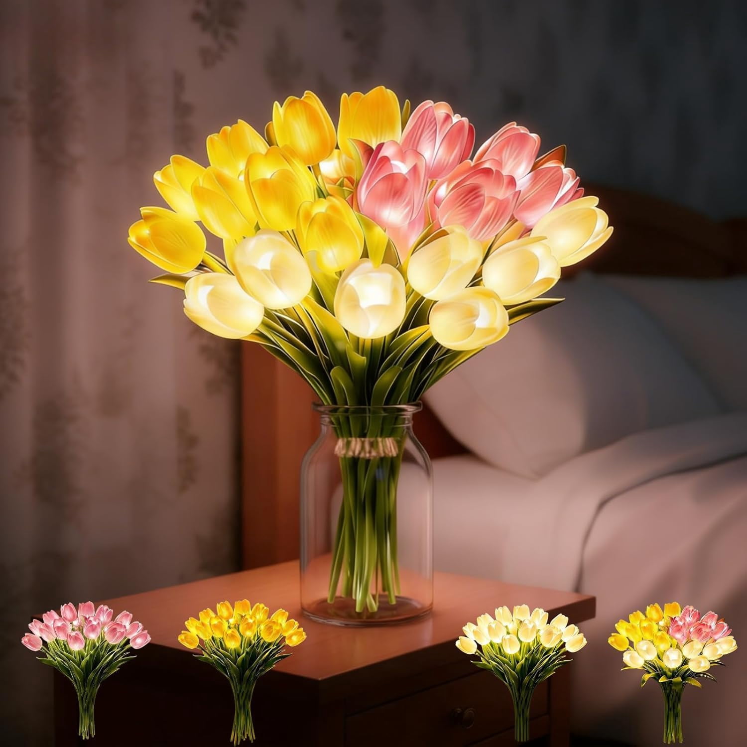 Tulip LED Ambient Night Light with Vase, 15 PCS Sparkling Everlasting Flower Lights, 2026 New Floral Night Lamp for Bedroom Bedside Decoration & Gift