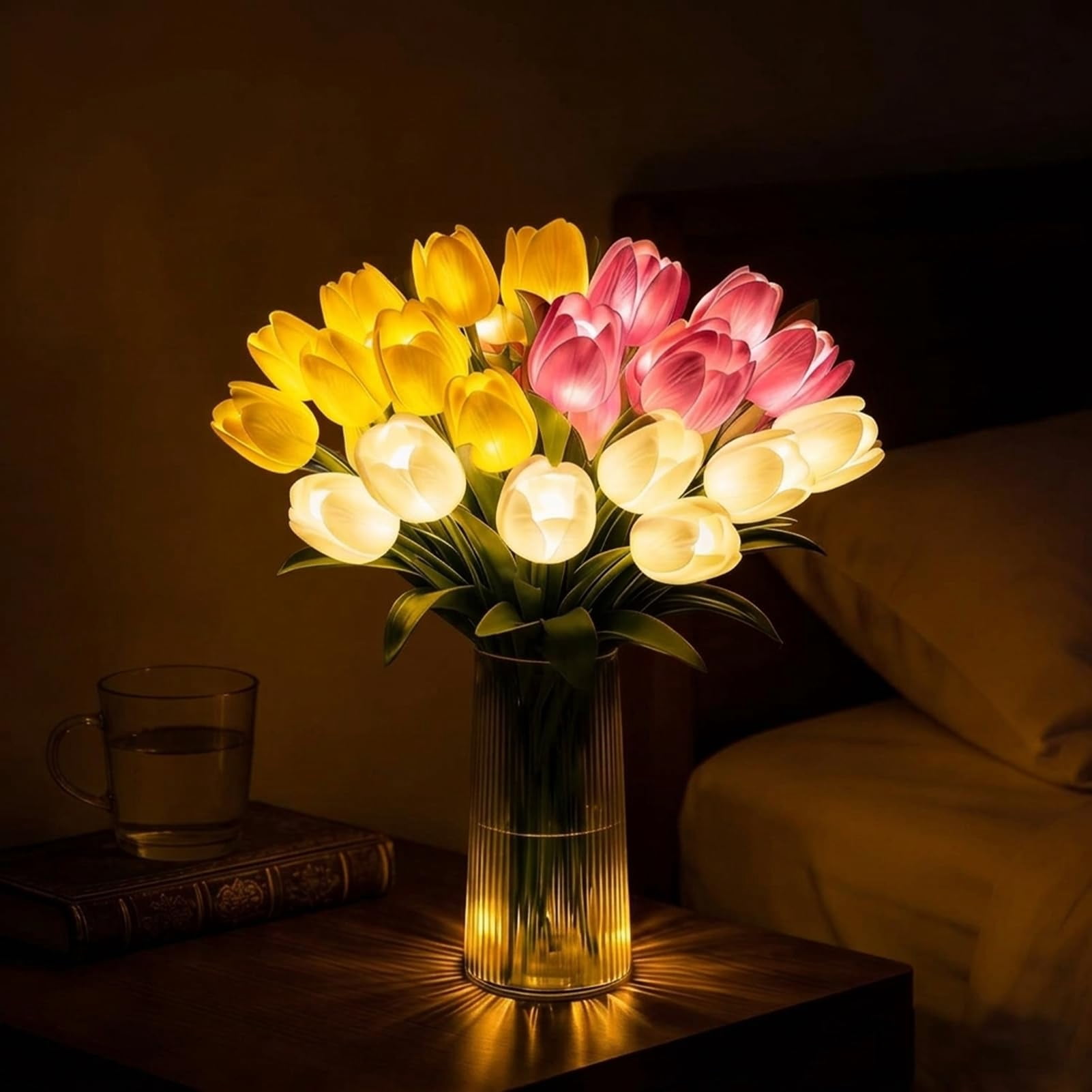 Tulip LED Light Lamp, 15PCS Artificial Tulip Flowers Light, Warm White Night Light with Adjustable Stems for Bedroom Bedside Romantic Decor Gift