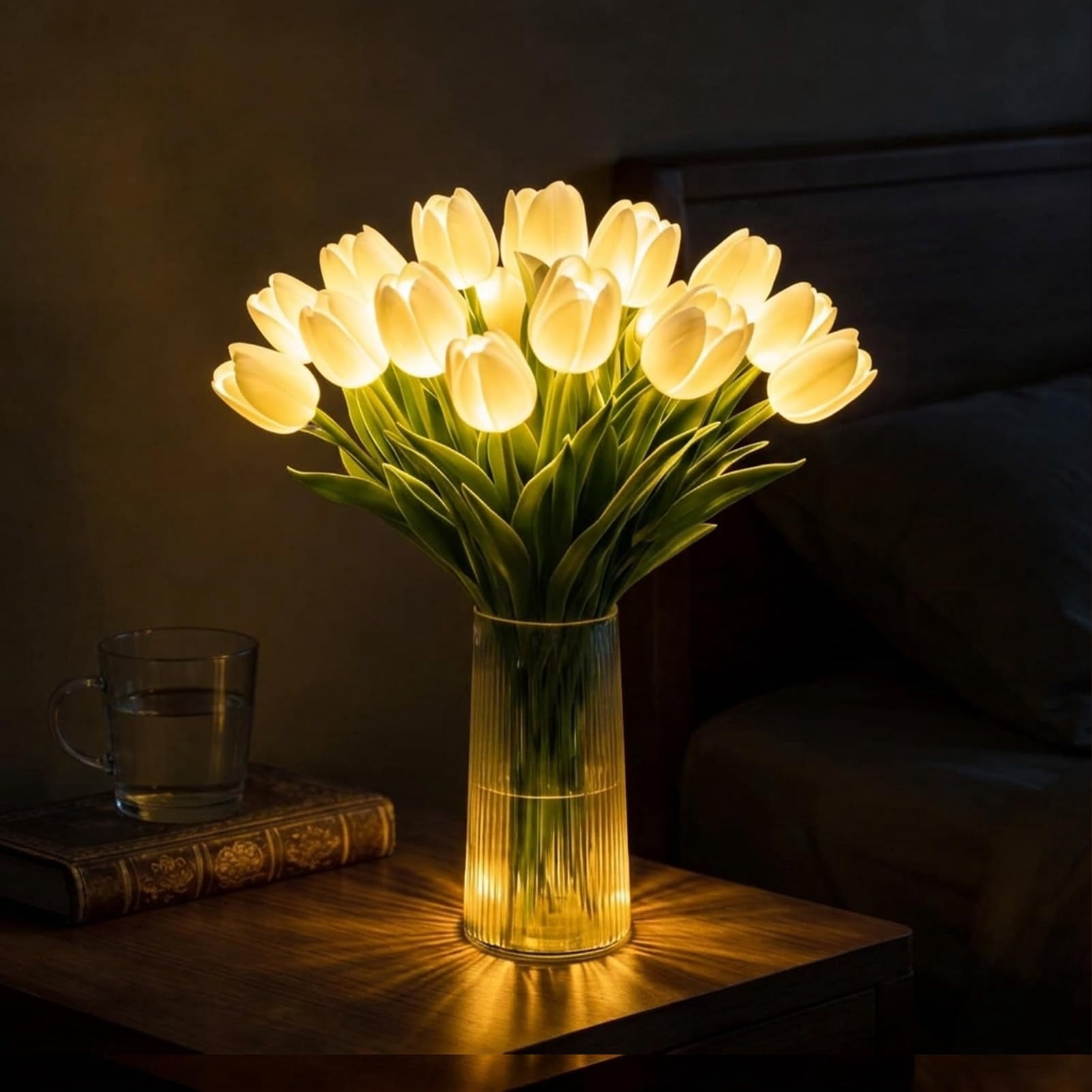 Tulip LED Light Lamp, 15PCS Artificial Tulip Flowers Light, Warm White Night Light with Adjustable Stems for Bedroom Bedside Romantic Decor Gift