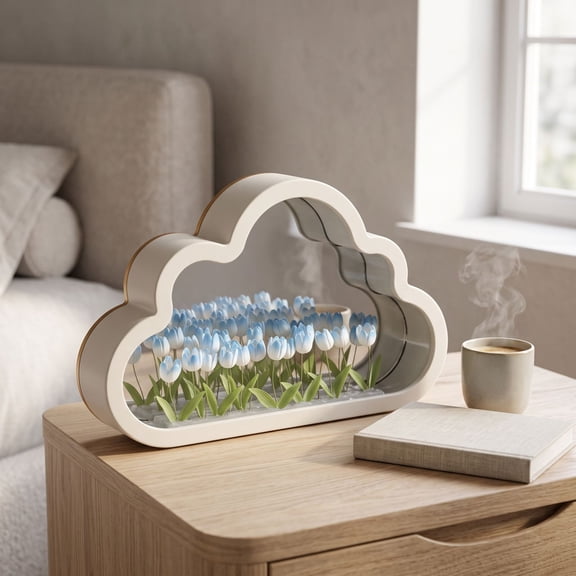 Tulip Lamp Night Light with Mirror, Assembled Artificial Flower Table Light White Cloud Shaped, Ambient Desk Lamp Holder for Bedroom Room Desk Table Decor Gift for Women Girlfriend Sisters