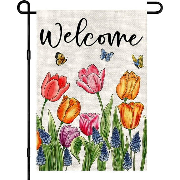 Tulip Lavender Garden Flags 12x18 Inch Burlap Double Sided Outside, Spring Flower Welcome Sign Holiday Yard Outdoor Decorations