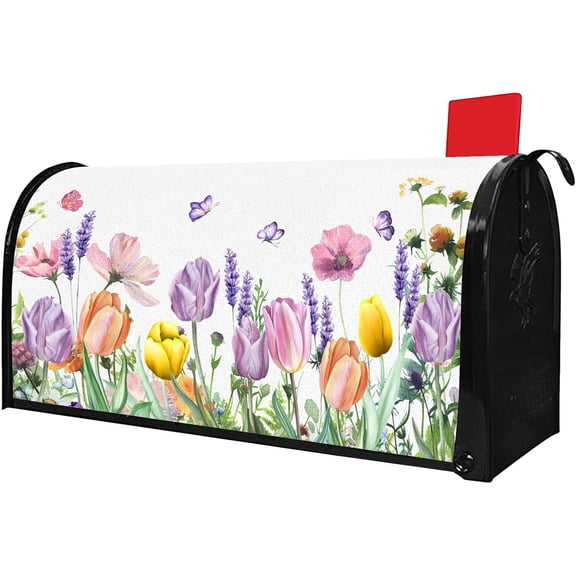 Tulip Lavender Mailbox Covers Magnetic Standard Size 21" X 18" Spring Summer Welcome Mailbox Wraps Post Letter Box Cover for Garden Yard Decor Outdoor Decorations