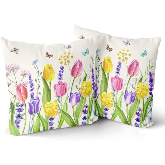 Tulip Lavender Throw Pillow Cover 20x20 Inch Set of 2 Farmhouse Spring Summer Garden Colorful Floral Square Pillows Case Cotton Linen for Patio Sofa Bed Home Decor