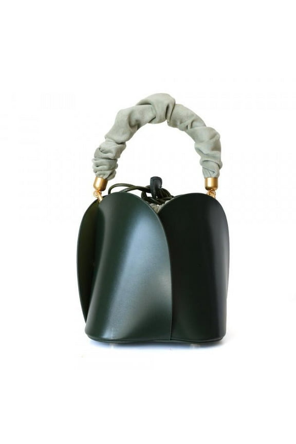 Tulip Leather Bucket Bag - Versatile Crossbody with 3 Interchangeable Handles - Genuine Leather, Trendy Four-Bladed Design - Perfect for Every Season - Dimensions: 7" x 7" x 5.5 - Green