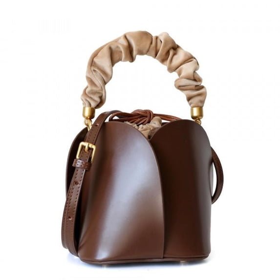 Tulip Leather Bucket Bag - Versatile Crossbody with 3 Interchangeable Handles - Genuine Leather, Trendy Four-Bladed Design - Perfect for Every Season - Dimensions: 7" x 7" x 5.5 - Brown