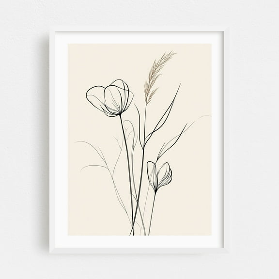 Tulip Line Art - Line Drawing Minimalist Botanical Nature Flowers Abstract Modern Art Black and White White Framed Wall Art Print 16 x 20 inches