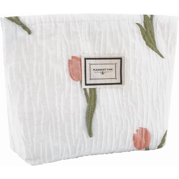 Tulip Makeup Bag Canvas Toiletry Bag for Women Zipper Pouch Organizer Travel Storage Bag Embroidery Floral Cosmetic Bag Skincare Accessories Large Capacity for Multi Purpose Bag 9.6x6.9Inch diy
