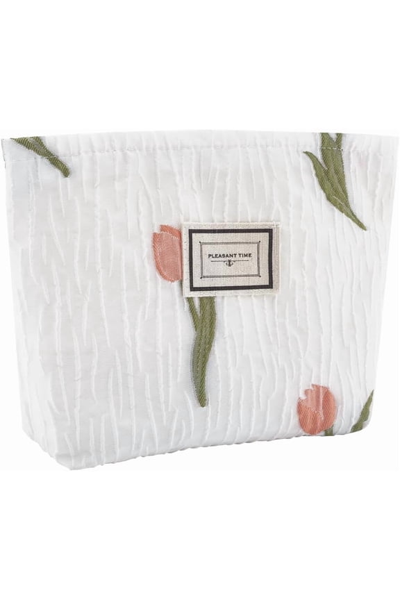 Tulip Makeup Bag Canvas Toiletry Bag for Women Zipper Pouch Organizer Travel Storage Bag Embroidery Floral Cosmetic Bag Skincare Accessories Large Capacity for Multi Purpose Bag 9.6x6.9Inch diy