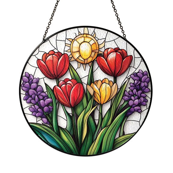 Tulip Meadow Faux Stained Glass Window Hanging – Spring Garden Art