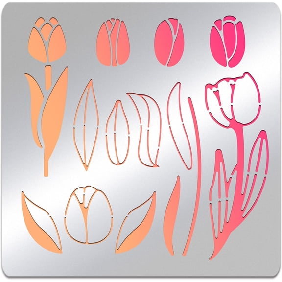 Tulip Metal Stencils Templates Reusable Flowers Stainless Steel Stencils Leaves Journal Tool for Painting Wood Burning Pyrography and Engraving 6x6 inch Gray