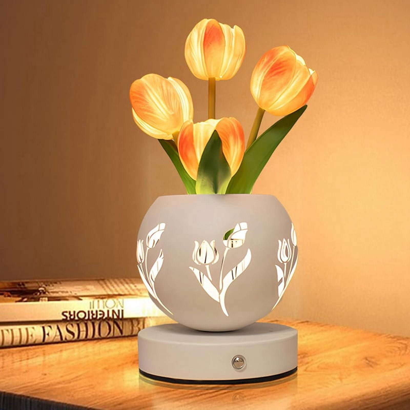 Tulip Night Light Artificial Flower Desk Lamp with Cut-Out Vase USB Charging 3 Color Stepless Dimmin Orange&White PU+Iron Art