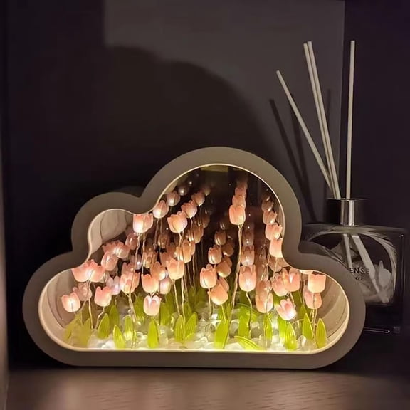 Tulip Night Light Cloud Mirror Light Decor LED Flower Infinity Mirror Light Bedside Table Lamp for Friends Couple Children Birthday Anniversary Mother's Day