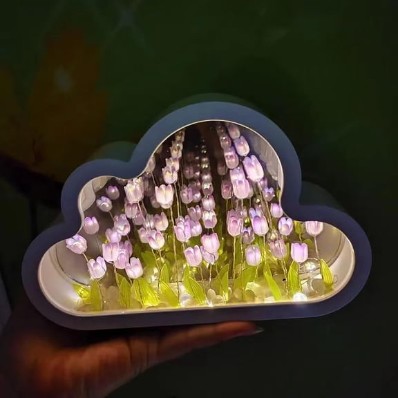 Tulip Night Light Cloud Mirror Light Decor LED Flower Infinity Mirror Light Bedside Table Lamp for Friends Couple Children Birthday Anniversary Mother's Day