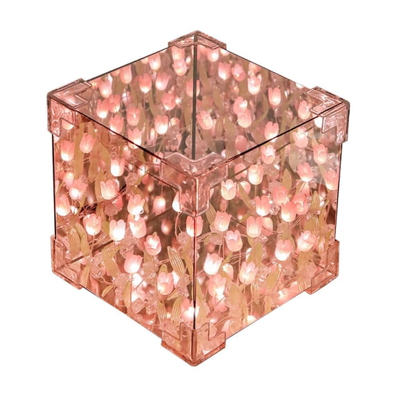 Tulip Night Light Cube with Infinity Mirror Effect, DIY Handmade Flower Bedside Lamp for Bedroom Decor, Unique Birthday Gift for Girls & Women, 3.94" Cute Ambient Table Lamp