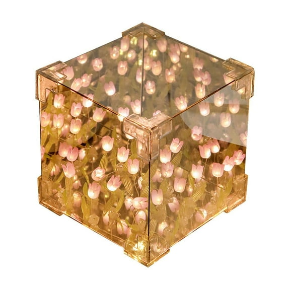 Tulip Night Light Cube with Infinity Mirror Effect, DIY Handmade Flower Bedside Lamp for Bedroom Decor, Unique Birthday Gift for Girls & Women, 3.94" Cute Ambient Table Lamp